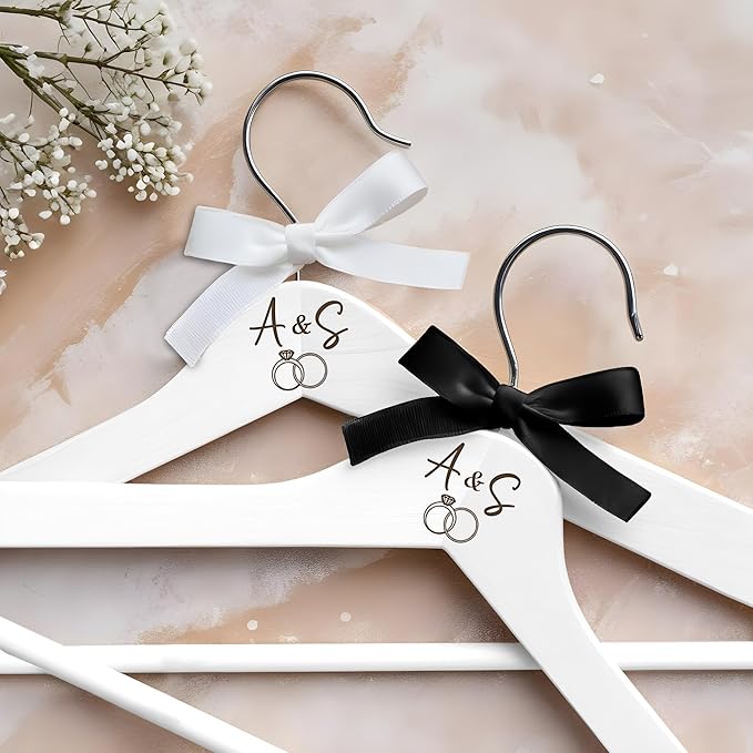 Personalized Bride and Groom Hangers With Custom Name and Date - Engraved Wood Bridal Party Hangers, Bridesmaid Gifts, Wedding Dress Hanger - White - 2 Pack