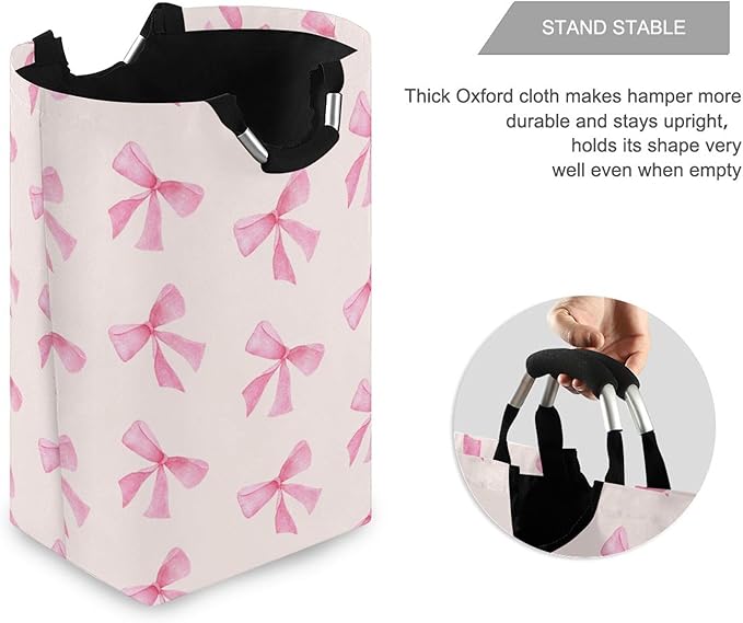 xigua Pink Bow Large Laundry Hamper with Handle, Foldable Clothes Hamper Collapsible Storage Basket for Toys and Clothes Organization in Bedroom, Bathroom, and Laundry Room