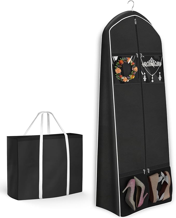 KEETDY Portable 70" Wedding Dress Garment Bag Travel with Bride Tote Bag 8'' Gusseted Hanging Dress Bags for Gowns 4 Pockets Long Dresses Storage for Women Clothes, Black