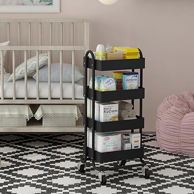 Metal 4-Tier Rolling Cart with Handle,Multifunction 4-Tier Rolling Cart Metal with Wheels,Kitchen Storage Carts Suitable for Office,Home,Kitchen,Garden（13.4"x18.1"x40"） Black