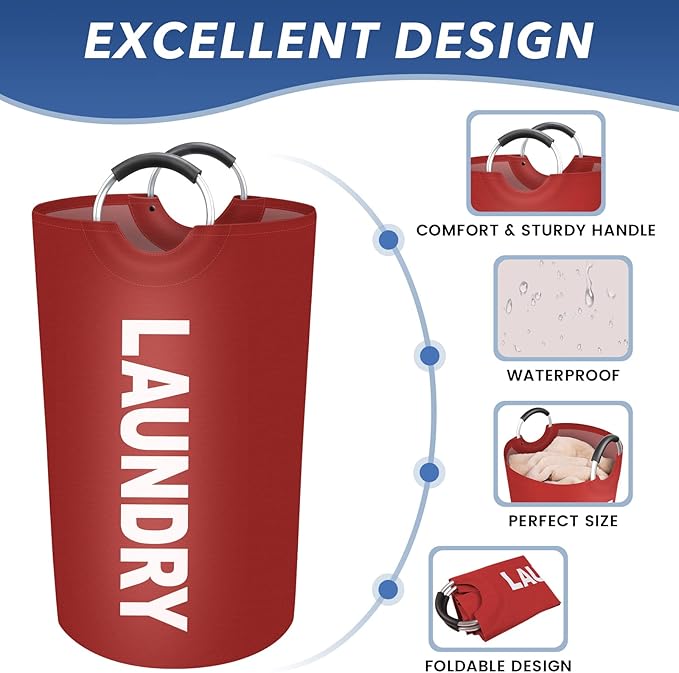 75L Large Laundry Basket, Freestanding Waterproof Laundry Hamper, Collapsible Folding Tall Clothes Hamper, Easy Carry with Foam Protected Aluminum Handles for Dorm, Family, Travel (Red)