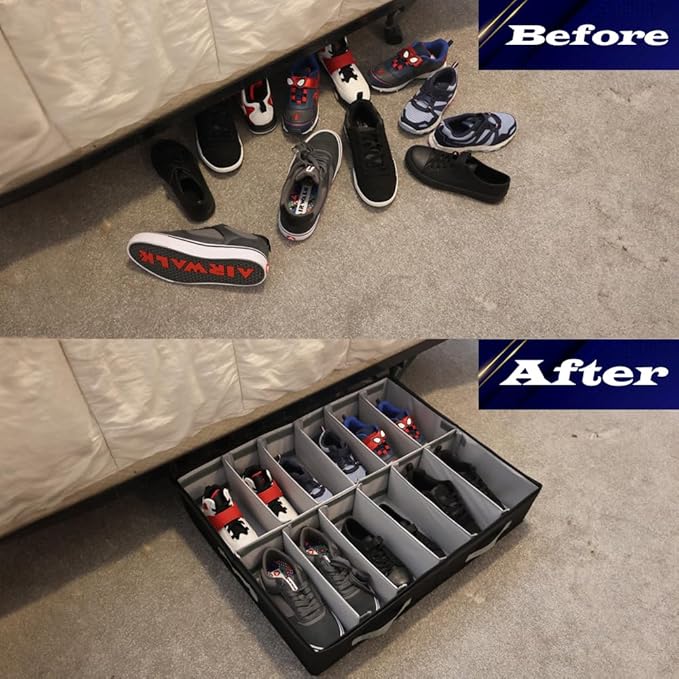 Under Bed Shoe Storage, A Sturdy Closet and Under Bed Storage, Multi-Functional Storage Organizer Solution,with Clear Silk PVC Cover and Adjustable Dividers.