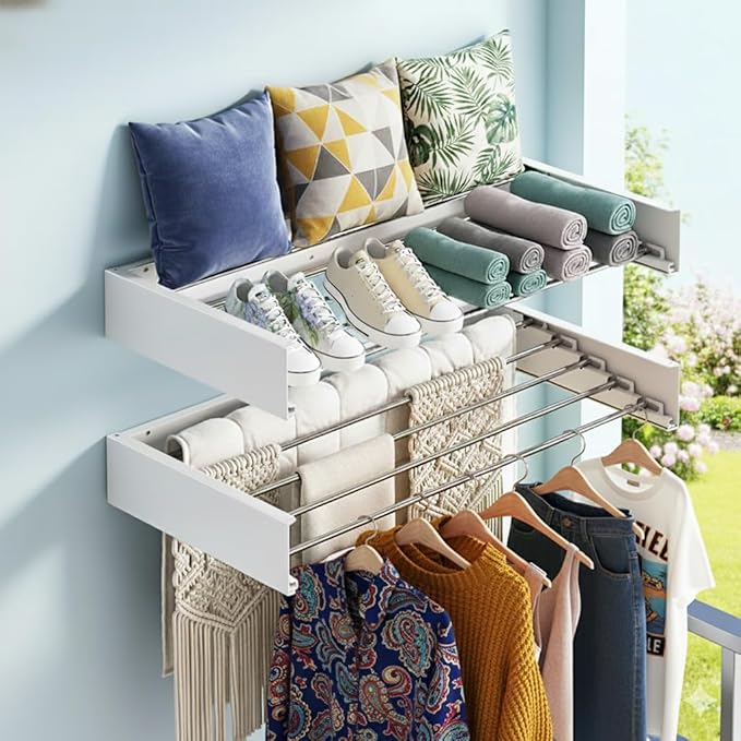 Wall Mounted Drying Rack for Laundry 31.5” Retractable Clothes Dryer Racks with 60 lb Capacity, Heavy Duty Clothing Drying Rack Foldable Space-Saving Design for Indoor & Outdoor