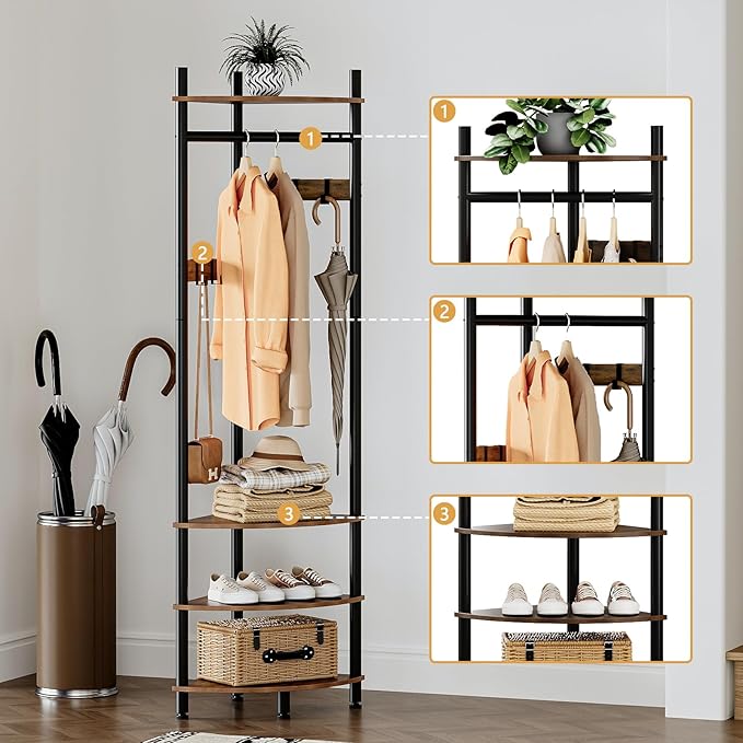 GiftGo Corner Hall Tree with Shoe Rack Entryway Coat Rack with 6 Metal Movable Hooks Floor Standing Clothes Rack Organizer for Home Office Bedroom (Rustic Brown)