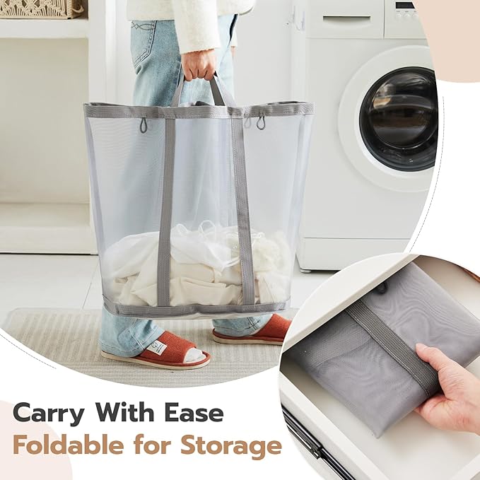 Mesh Laundry bag with Handles, 42L Collapsible Laundry Basket with 2 Hooks, Wall-Mounted Foldable Laundry Hamper Hanging for Bathroom, Dorm or Travel (Grey, 2 Pack）