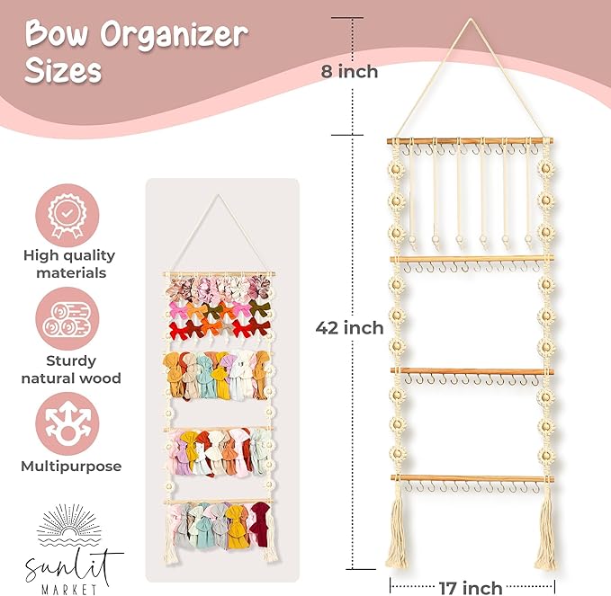 Headband Holder - Bow Holder for Baby Girl – Macrame Bow Organizer for Baby Girl w/ 48 Metal Hooks, 6 Slings & Wooden Bead – Space Saving Baby Bow Organizer – Ideal Baby Bow Holder for Expecting Moms