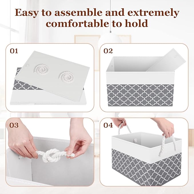 Storage Bin,Collapsible Storage Basket For Organizing,Large Storage Boxes With Rope Handles,Storage Containers,Clover Grey,8 Pack