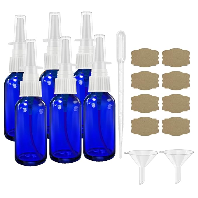 Nasal Spray Bottles 6Pcs1oz (30ml),Empty Nasal Spray Bottle with Funnel,Dropper,Label,Cobalt Blue Glass Nose Spray Bottle,Press Spray Head Refillable Portable Fine Mist Travel Bottle