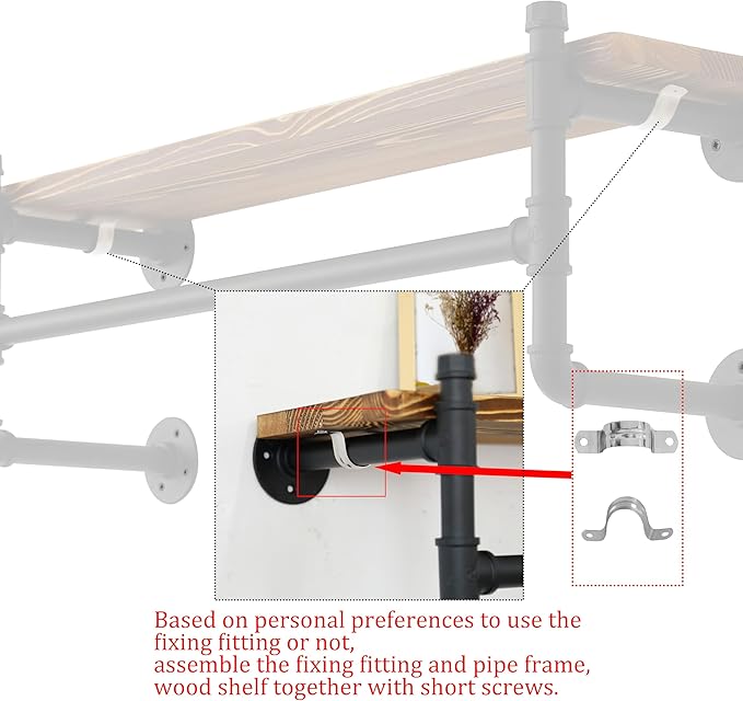 WEBI Wall Mounted Clothes Rack with Shelf,24" Industrial Pipe Clothing Rack with Shelves,Heavy Duty Iron Garment Bar,Retail Display Clothes Rod for Laundry Room,Black