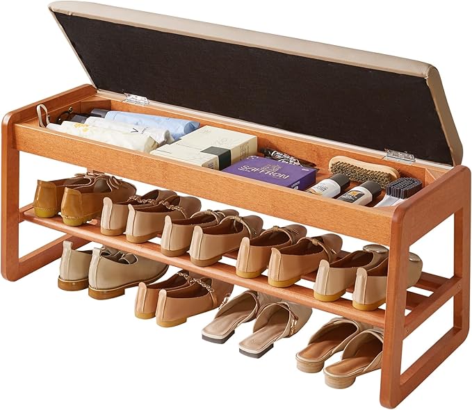 Wood Shoe Bench with Flip-Top Storage, 2 Tier Entryway Shoe Bench, 39.37in Shoe Rack with Cushion for Living Room, Cherry Wood Color YD-WD062C
