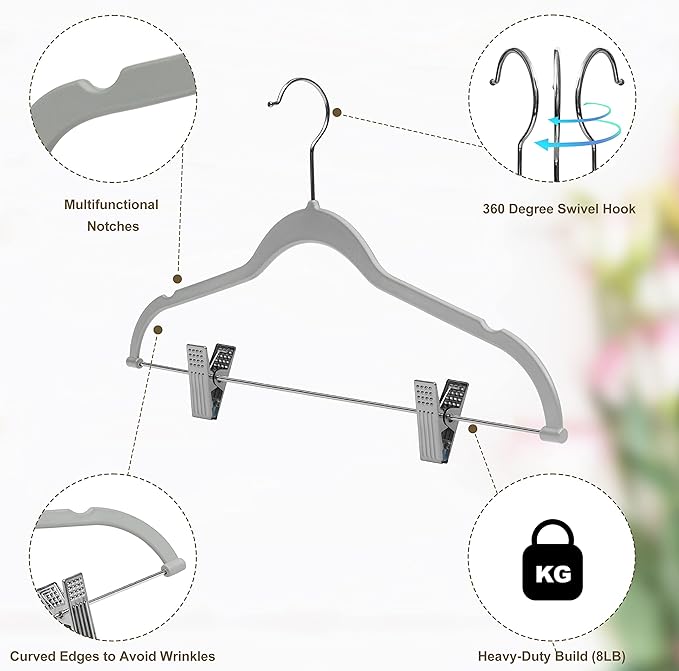 80 Pack Gray Quality Plastic Non Velvet Non-Flocked Thin Compact Coat Hangers with Metal Clips for Skirts Pants Blouses 360° Swivel Hook