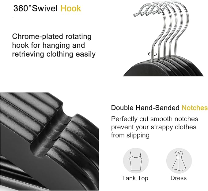 TOPIA HANGER Wooden Coat Hangers 30 Pack, Black Wood Suit Hangers, 360° Swivel Hook and Non-Slip Shoulder Notches for Camisole, Jacket, Pant, Shirt, Smooth Finished Clothes Hangers -CT54B30