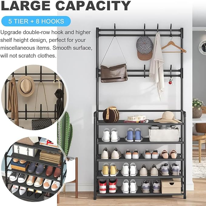 5 Tiers Shoe Rack Coat Rack, Entryway Bench Storage Organizer Multi-Functional Freestanding Shoe Shelf Coat Storage Organizer with 8 Hooks Hat Rack for Entryway Home Door Hallway