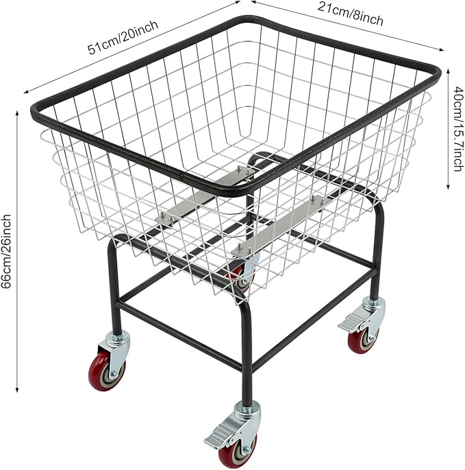 Wire Laundry Cart, 2 Bushel Wire Laundry Basket with Wheels, Rolling Laundry Hamper, 20''x21''x26'' Heavy Duty Commercial Wire Laundry Basket Cart, 4" Casters