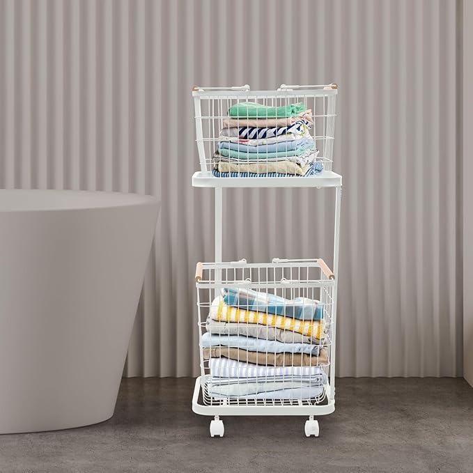 2 Tiers Metal Laundry Basket with Wheels, Removable Wire Laundry Baskets With 4 Universal Wheels Rolling Laundry Basket Floor Standing, Load Bearing Capacity of 88.18 lbs
