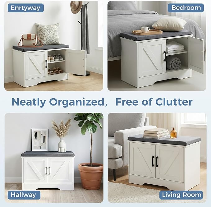 DUMOS Shoe Storage Bench, 47" Wide Shoe Organizer Cabinet with Padded Seat Cushion, 4 Doors, Adjustable Shelf for Entryway, Hallway, Bedroom, Living Room, White