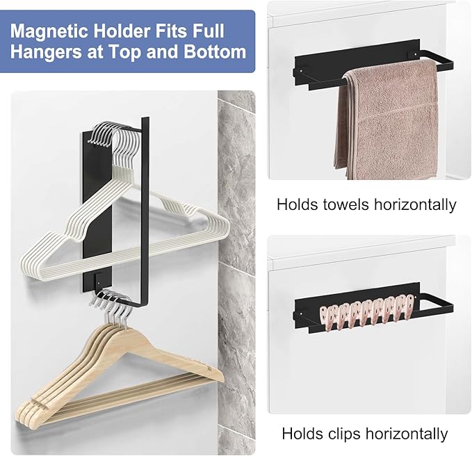 2 Pack Magnetic Hanger Holder for Laundry Room, Space-Saving Hanger Organizer for Washing Machine Dryer, Holding up to 40 Velvet Wire Plastic Hangers (2, Black)
