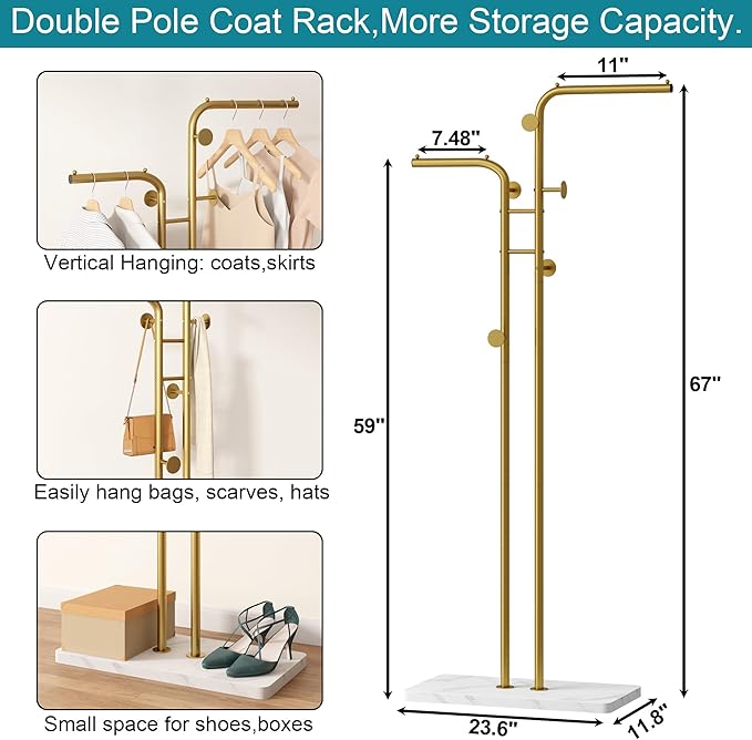 HOMEFORT Coat Rack, Freestanding Metal Coat Racks, Double-pole Clothes Hat Stand with 5 Hooks for Closet, Bedroom, Entryway, Living Room, Gold