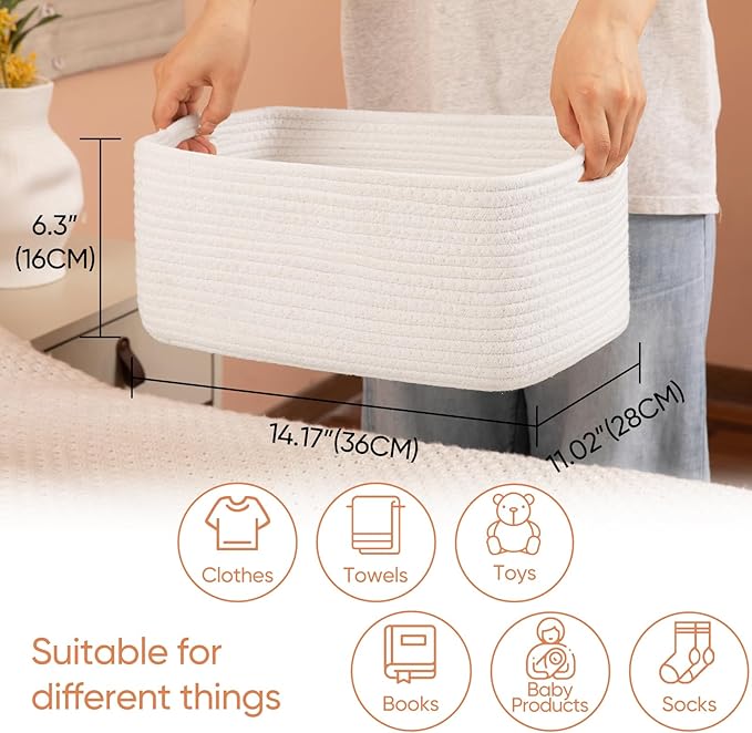 OIAHOMY 4 Pack 14.17 * 11.02 * 6.3IN Storage Baskets for Organizing Shelves, Woven Rope Baskets for Organizing Books, Clothes, Decorative Basket for Living Room, Nursery, Bedroom, Gift Basket, White