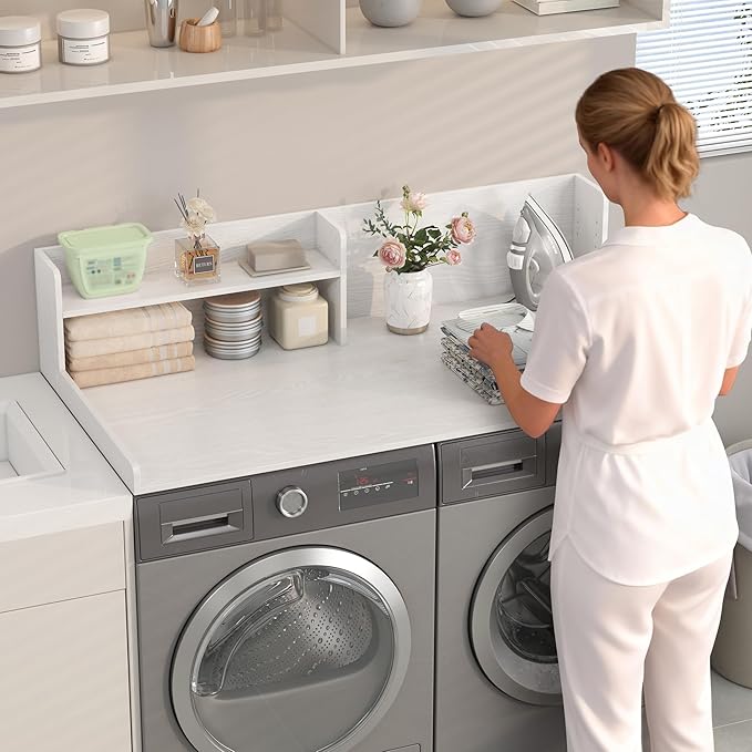 Washer Dryer Countertop, White - 2-Tier Wood 54" x 27.5" Laundry Topper with Safety Guard & Non-Slip Pads, Over The Washer Dryer Folding Shelf for Maximum Space Saving (White)