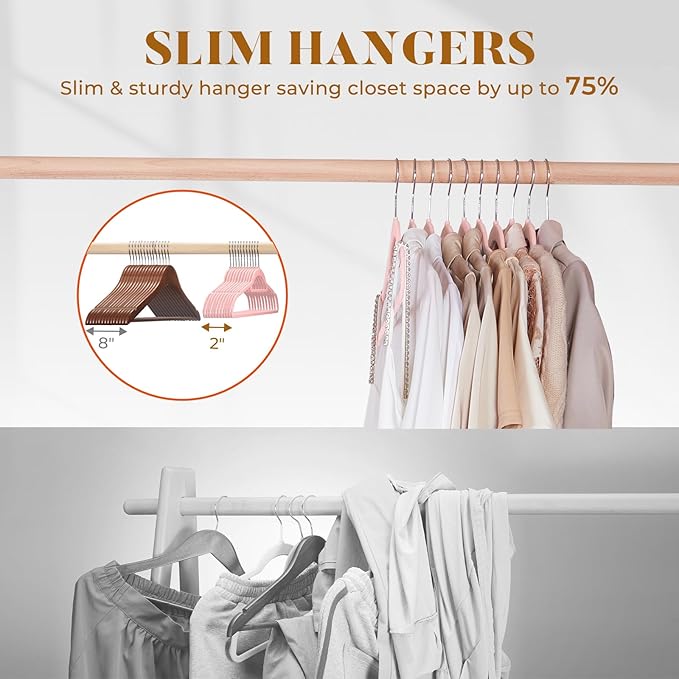 HOUSE DAY Velvet Hangers 60 Pack, Non-Slip Hangers with Tie Bar, Premium Standard Clothes Hanger Slim Felt Hanger 360° Swivel Hook for Closet Organized Storage Elegance Pink 72g/Pc