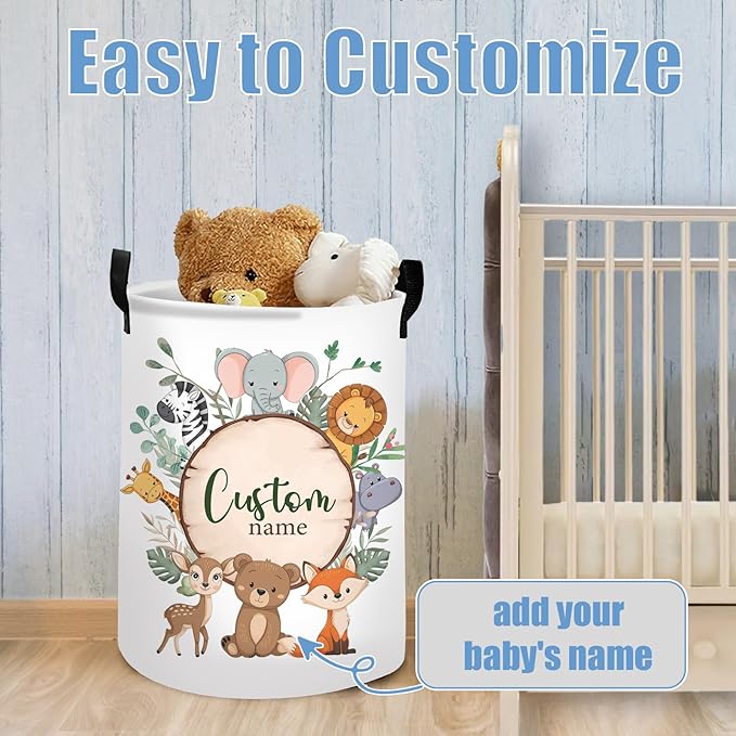 Personalized Baby Basket for Laundry, Custom Name Laundry Baskets for Kids Girls Boys Adults, Customize Kids Clothes Hamper, Safari Animals Print Storage Basket with Handles