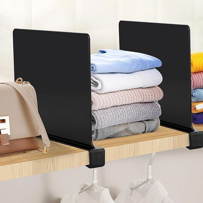 JOY DECOR 8 Pack Acrylic Matte Black Shelf Dividers for Closets Organizer and Storage Adjustable Vertical Wood Shelf Closet Separators for Clothes,Book,Bags in Bedroom and Kitchen