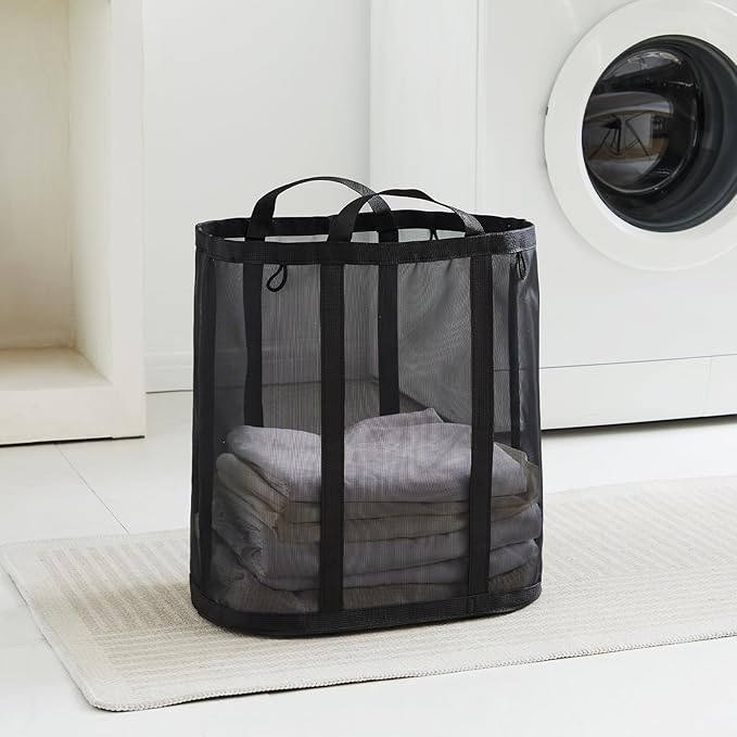Mesh Laundry bag with Handles, 42L Collapsible Laundry Basket with 2 Hooks, Wall-Mounted Foldable Laundry Hamper Hanging for Bathroom, Dorm or Travel (Black, 2 Pack）