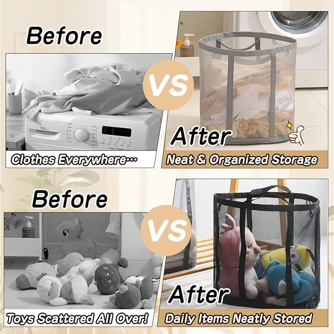 Collapsible Laundry Basket, Mesh Bag with Handles, Foldable Laundry Bag, Breathable Folding Beach Bag,Space-saving Tote Bags for Laundry, Bathroom, Dorm or Travel (Gray, 45L)