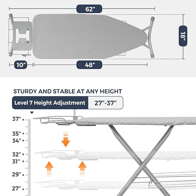 STO STO Ironing Board 48" x 18" with Iron Holder, Cord Holder and Clothes Rack, Adjustable Height 27" to 37", Full Size Foldable Iron Board with Silver Coated Cotton Removable Cover, Gray Checkered