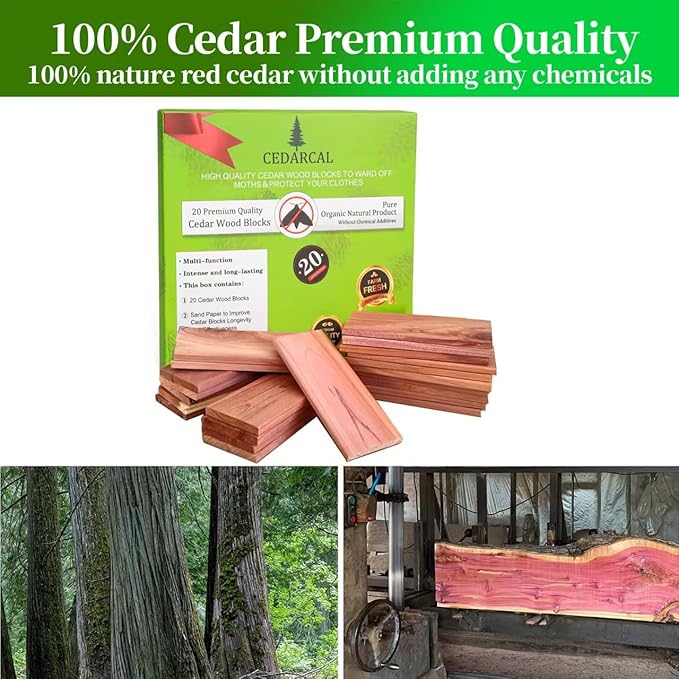 20 Piece Set of Premium Cedar Blocks for Clothes Storage - Crafted from 100% Pure Cedar Wood Planks - Ideal for Organizing Your Closet, Wardrobes, Boxes, Drawers, and Bins.