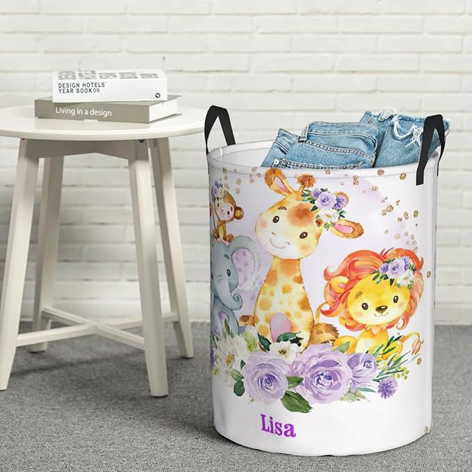 Purple Flower Animals Personalized Laundry Hamper Custom with Name Collapsible Waterproof Storage Basket with Handles for Bedroom Decor Gift.