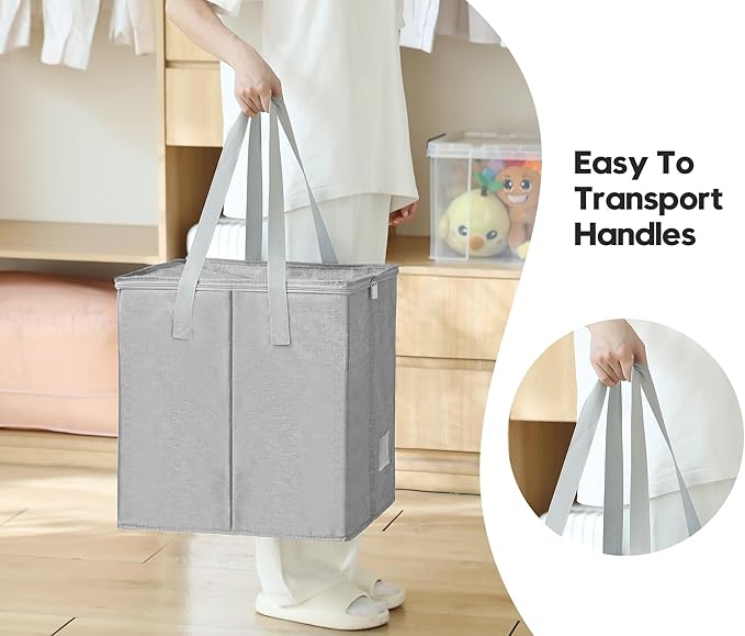 Qozary Clothes Hanger Organizer Bag-Rigid Hanger Storage Containers with Lid for Dustproof, Large Hanger Holder, Sturdy Caddy Organizer Box with Handle (Gray, Large Height 17 in for Wooden Hangers)