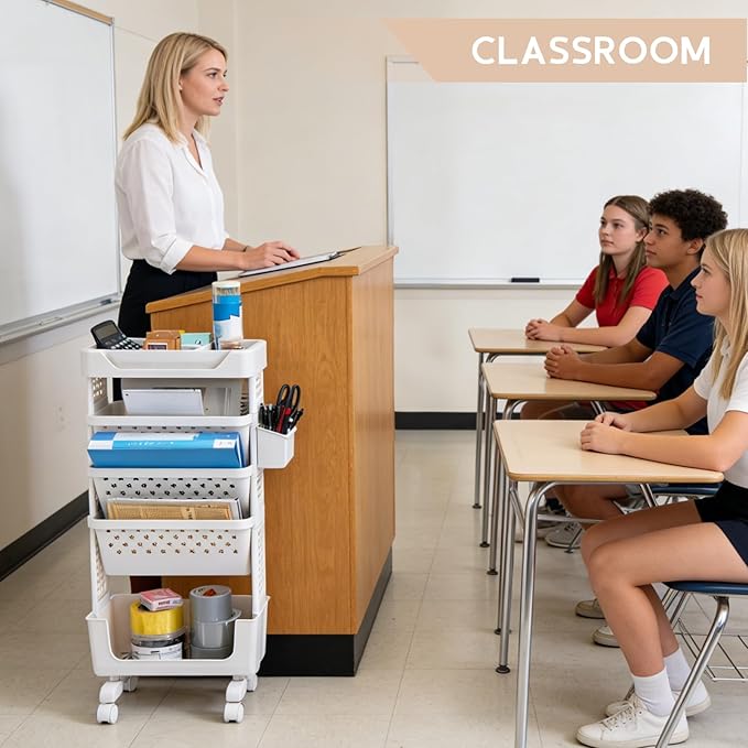 AGTEK 5-Tier Rolling Cart Study, Book Storage Cart, Magazine Rack, Slim Design, Top Shelf, Office Bookcase, Living Room Storage Rack, Large Capacity, Classroom, White