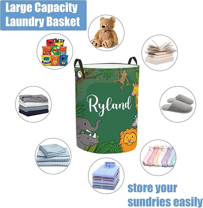Personalized Baby Boys Laundry Basket with Name, Custom Name Safari Animals Laundry Hamper for Girls Adults, Customize Baby Dirty Clothes Basket with Name and Handles