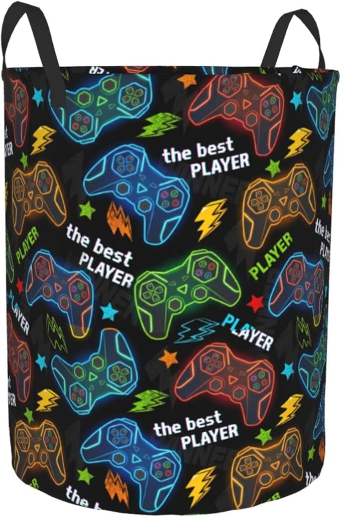 Game Round Laundry Hamper Gaming Gamer Storage Basket Toys Clothes Organizer Bin For Home Bathroom Bedroom Dorm Nursery, 38l