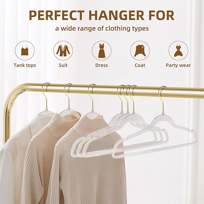 Clear Plastic Hangers 20-Pack - Non-Slip, Lightweight, Space-Saving Coat and Clothes Hangers with Red Glitter for Weddings and Closet Organization.