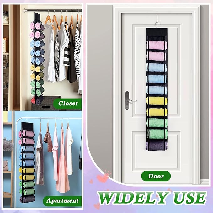 2 Pack Legging Storage Organizer, Hanging Legging Storage Hanger with 20 Roll Compartments, Foldable Clothes Roll Holder for Yoga T-Shirts Pants Jeans Towels
