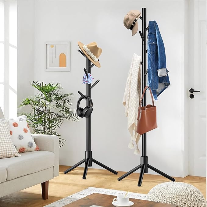 Wooden Coat Rack Freestanding with 8 Hooks,Easy Assembly New Zealand Pine Tree Coat Racks, 3 Adjustable Sizes for Clothes, Hats, Bags, for Entryway, Hallway, Bedroom, Office (Black, 2 PCS)
