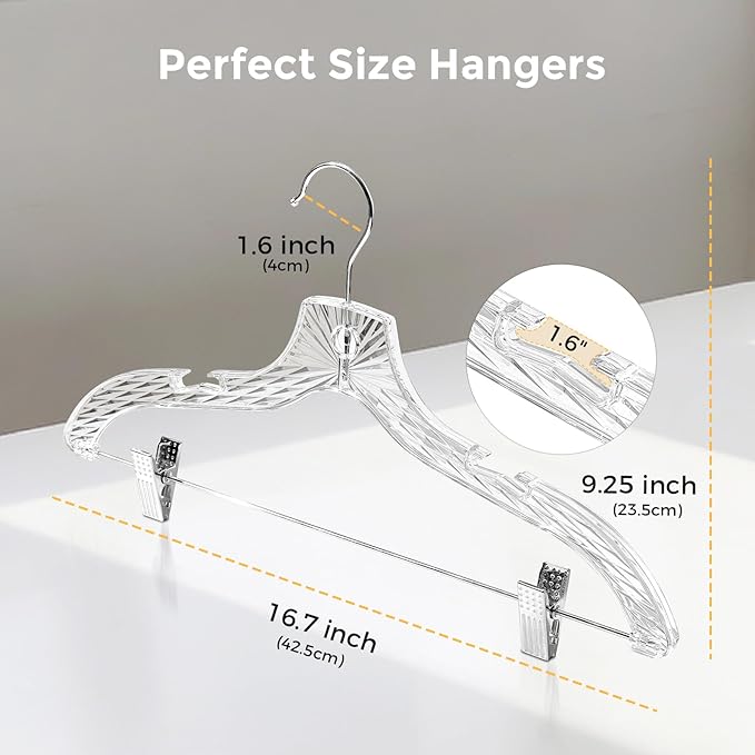 HOUSE DAY Clear Plastic Pants Hangers 12 Pack, Set Hanger for Tops and Bottoms, Non Slip Skirt Hangers with Adjustable Clips, Shoulder Notches, 360° Swivel Hook