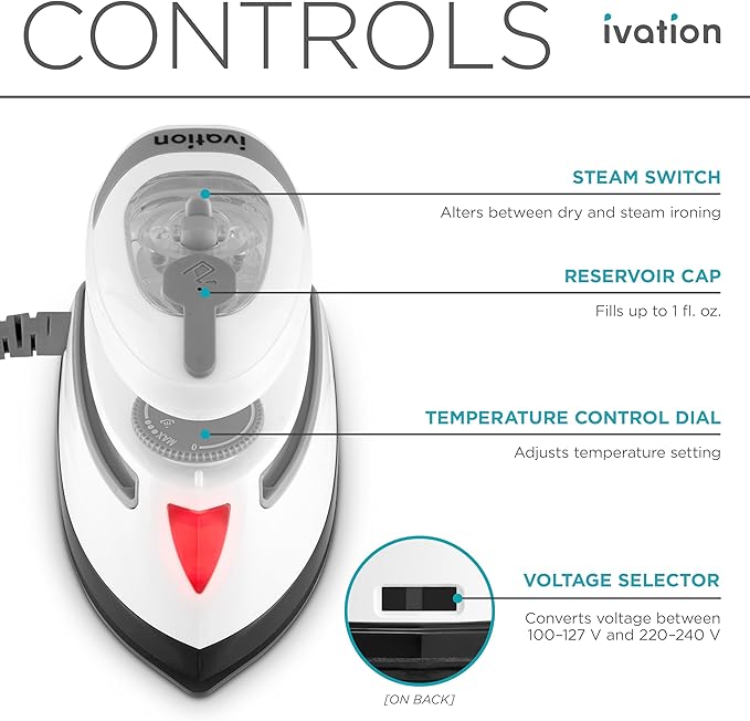 Ivation Travel Steam Iron | Mini Dual Voltage Dry Iron & Clothes Steamer with Nonstick Soleplate, Temperature Control & Indicator Light | Heats in Seconds, Small & Compact, ETL Certified, 1.3 Lbs.