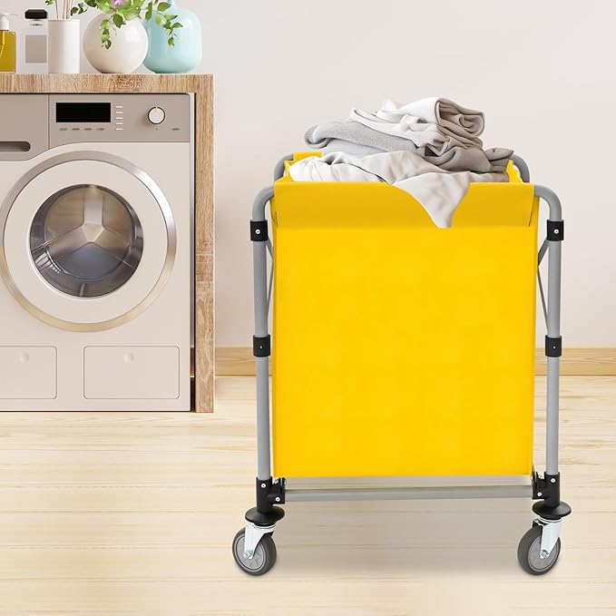 Commercial Laundry Cart, Laundry Basket with 360° Swivel Casters, Folding Laundry Cart Hamper on Wheels Heavy Duty Steel Frame 220 lbs Capacity Large Rolling Laundry Baskets Trucks (Yellow)