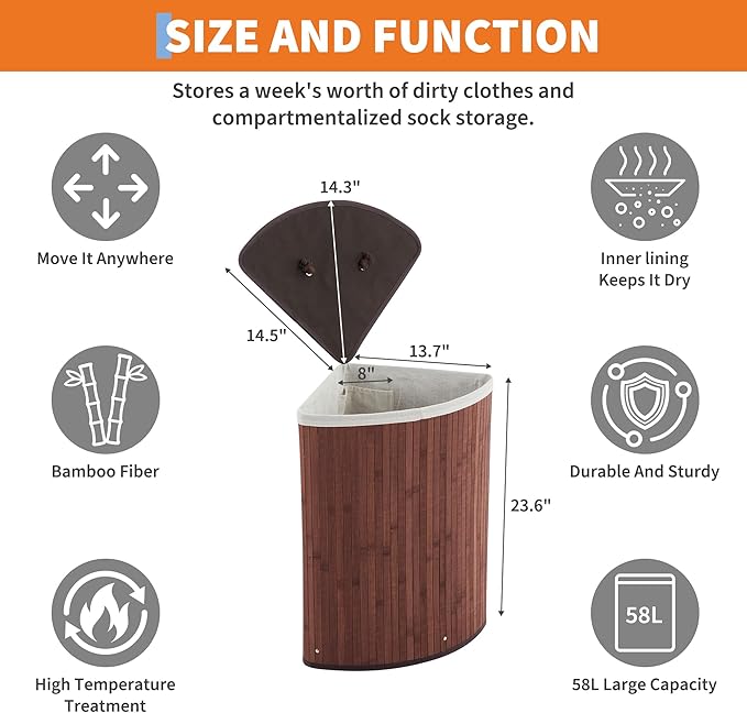 Bamboo Laundry Hamper Large 58L with Removable 2-Section Liner, Foldable Storage Basket with Lid and Handles for Bedroom, Laundry Room, Small Spaces – Brown - Triangle