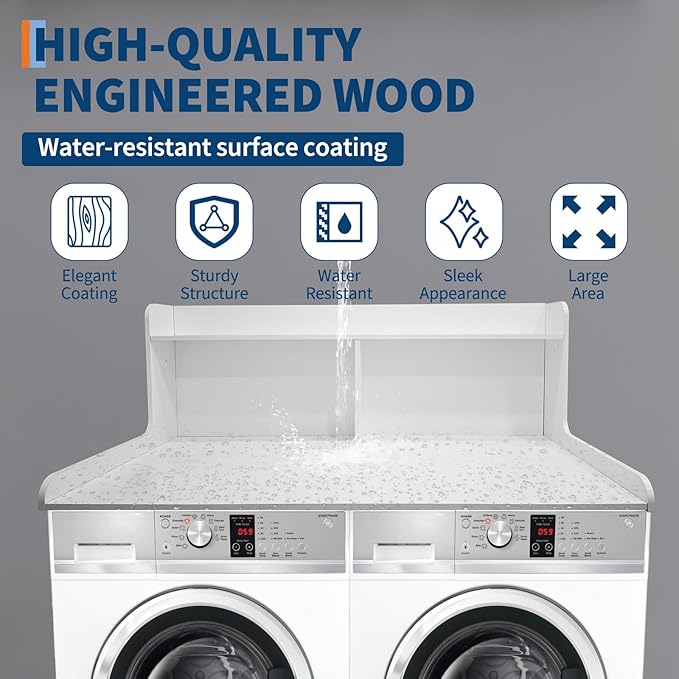 2-Tier Washer Dryer Countertop, 54" W x 27.55" D Laundry Countertop Organization with Non-Slip Pad, Wooden Washer and Dryer Topper for Folding Clothes, Laundry Room Storage