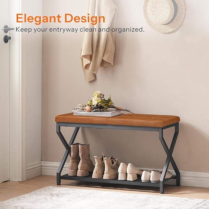 HOOBRO 29.5" L Shoe Bench, Shoe Rack Bench with PU Leather Cushion, Shoe Storage Organizer for Front Door Entrance, 2-Tier Entryway Bench for Small Space, Loads 300 lb, Whiskey Brown CB24HX01