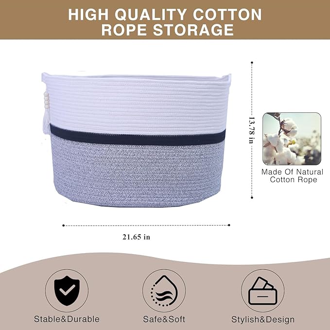 Cotton Rope Storage Bin,Natural Handmade Woven Hamper for Living Room,Blanket Basket for Clothes, Pillows, Towels (black, 100L)