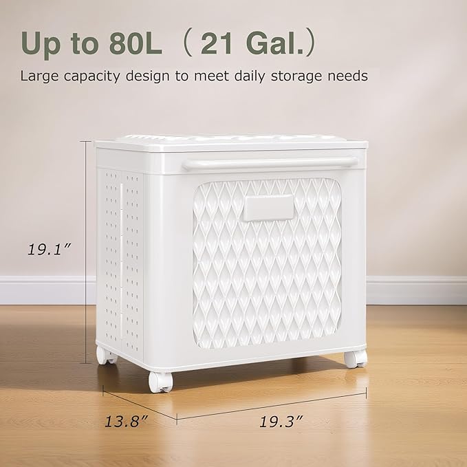 VECELO Rolling Storage Bins with Lid, Plastic Organizers Cart with Wheels & Handle, Foldable Storage Containers for Laundry, Bathroom, Bedroom, 19.3" x 13.8" x 19.1", White