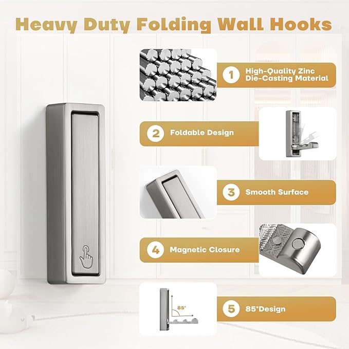 Folding Wall Hook, 4Pcs Foldable Coat Hooks Mounted, Heavy Duty Zinc Alloy No Rust Fold Up Hooks for Hanging Coat, Towel, Key, Hat, Bag, Jacket, Backpack (Brushed Nickel)