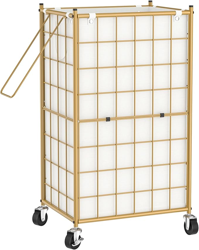 WOWLIVE Laundry Hamper with Wheels,Metal Wire Frame Rolling Laundry Basket with Removable bag,100L Dirty Clothes Hamper Organizer Dorm Room Storage for Bedroom,Bathroom,Golden