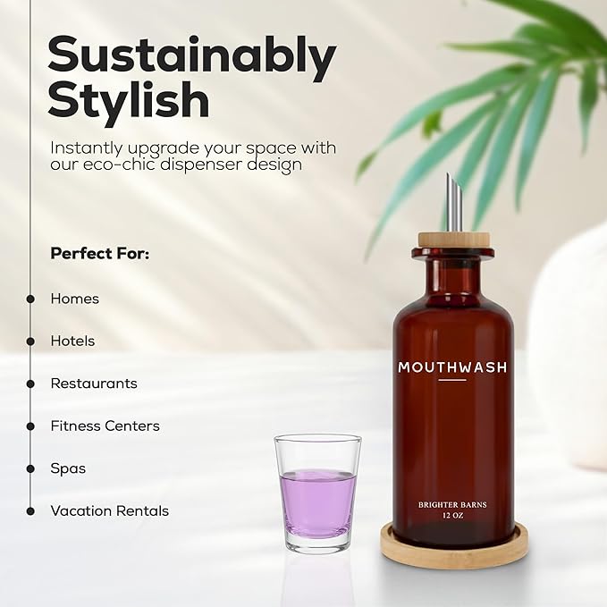 Amber Glass Mouthwash Dispenser for Bathroom by Brighter Barns - Refillable Mouthwash Container and Glass Cup - Modern Mouth Wash Dispensers for Bathroom - Boho Decor for Office, Airbnb, Hotel (Amber)